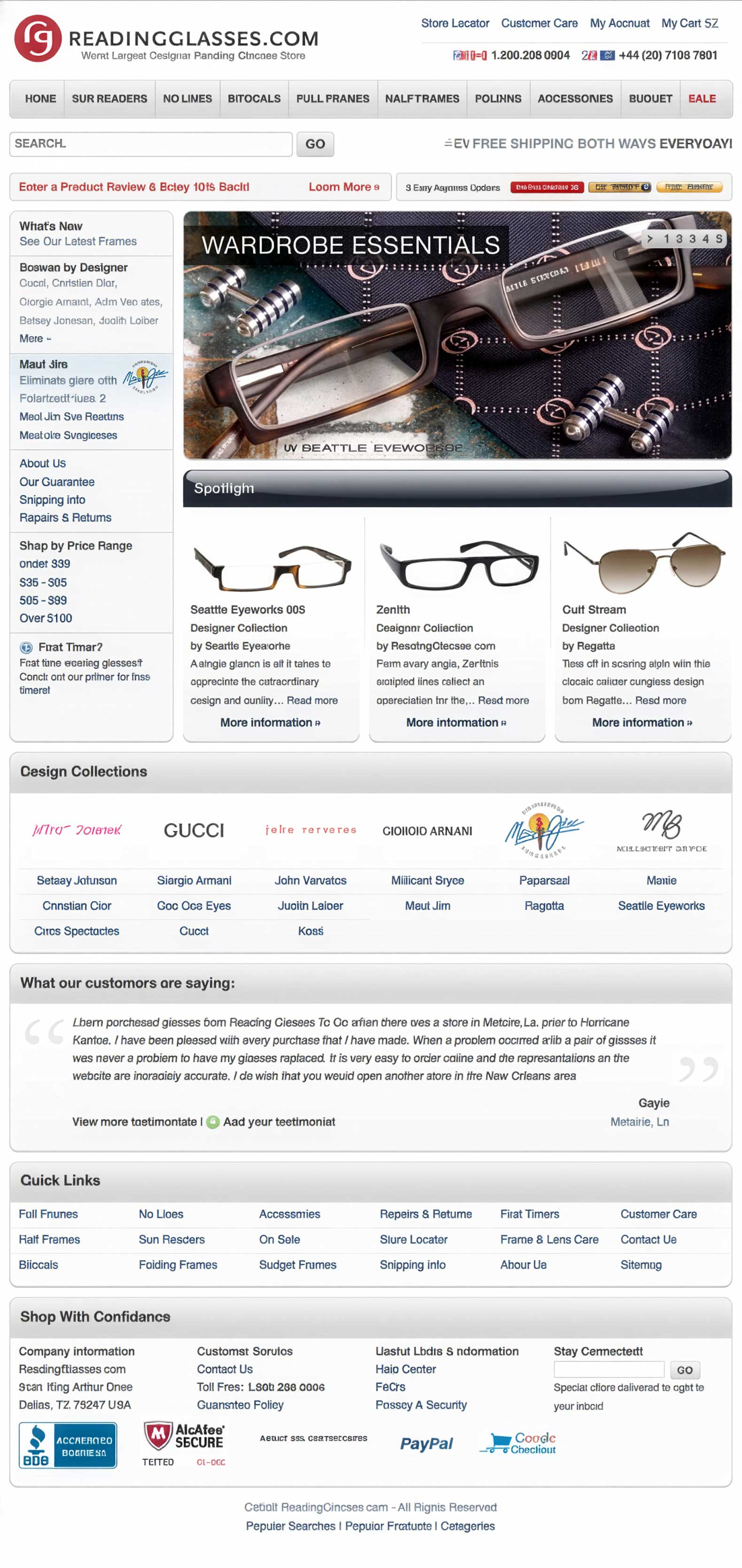 ReadingGlasses.com homepage in 2008 showing dense navigation, sidebar merchandising, and early e-commerce structure.